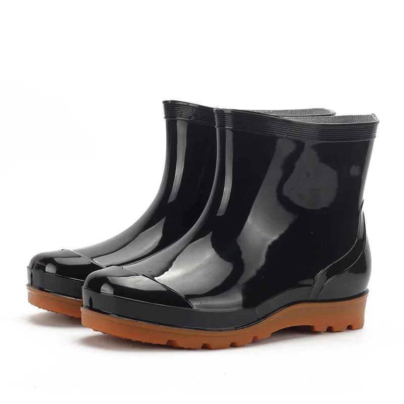 Black Men Rainboots Spring Autumn Male Ankle Boots Waterproof Fishing Wading Shoes Car Wash Work Footwear Slip-On Plastic edr4