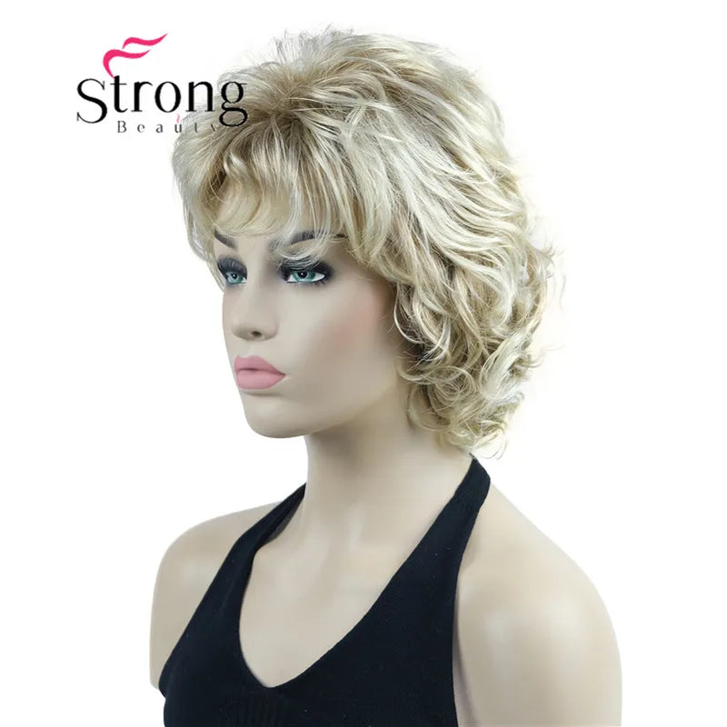 StrongBeauty Short Wig Soft Tousled Curls Blonde Highlights Full Synthetic Wigs COLOUR CHOICES