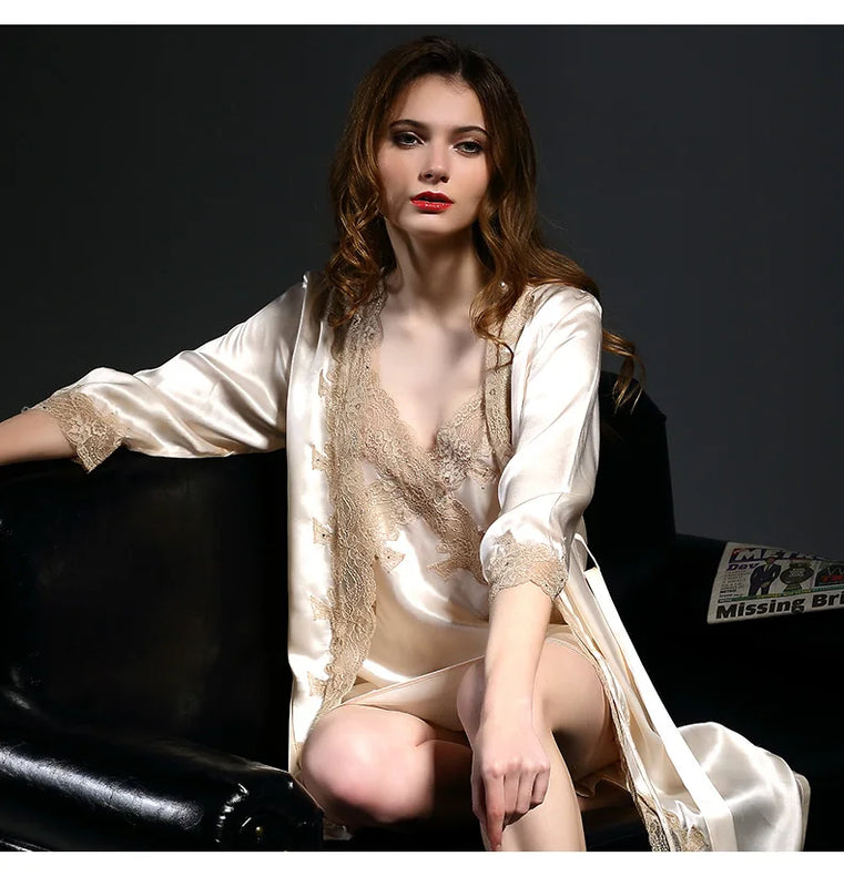 Kimono & Robe Nightgown Female 100% Silk Two-piece Set Sleepwear New  Silk Pajamas  Women  Pyjamas Female Summer Sexy Nightdres