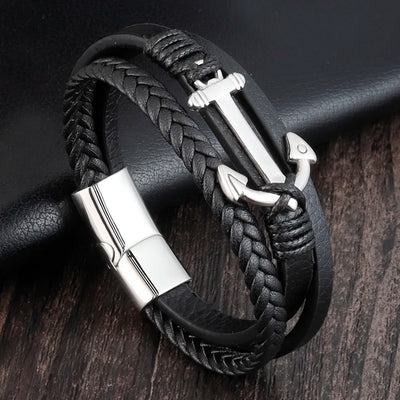 Punk Stainless Steel Anchor Bracelets Genuine Leather & Bangles for Men Jewelry Black Color Fashion Gift | SAMAG