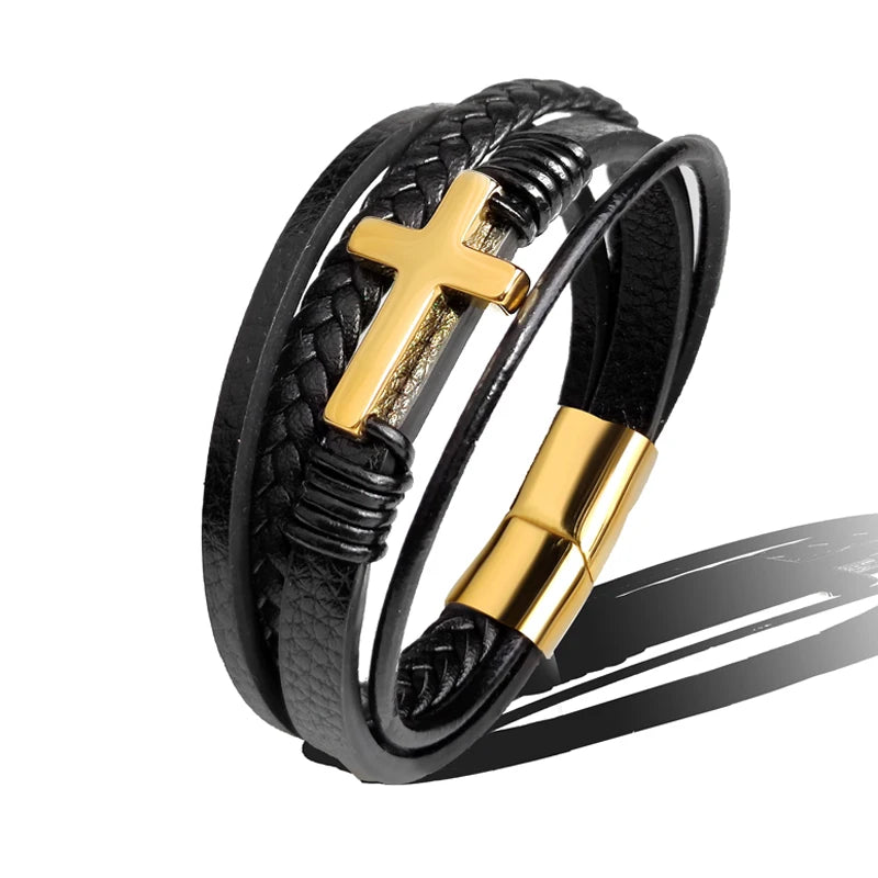 Charm Stainless Steel Leather Cross Brown/black Bracelet Men Hiphop Jewelry Magnetic Clasp Mutilayer Male - Visuel 8 | SAMAG