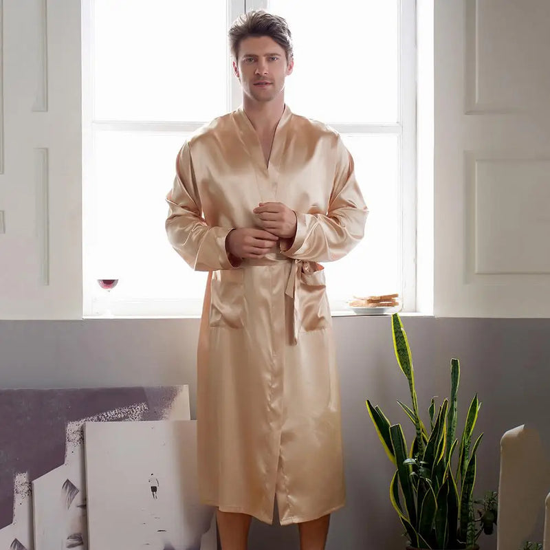 Chinese Men's Navy Blue Satin Robe With Belt Kimono Bathrobe Gown Nightgown Sleepwear Home Leisure Pajamas S M L XL XXL 20701