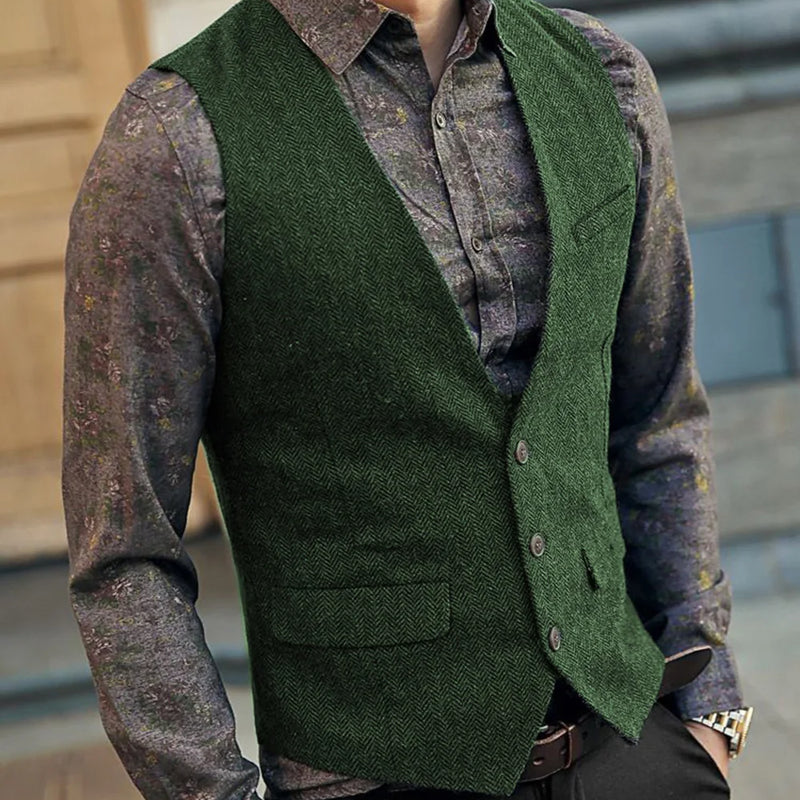 Slim Mens Vest Tweed Waistcoat Vest Vintage Herringbone V-neck Casual Wool Groomsmen Suits Vest For Wedding XS-5XL