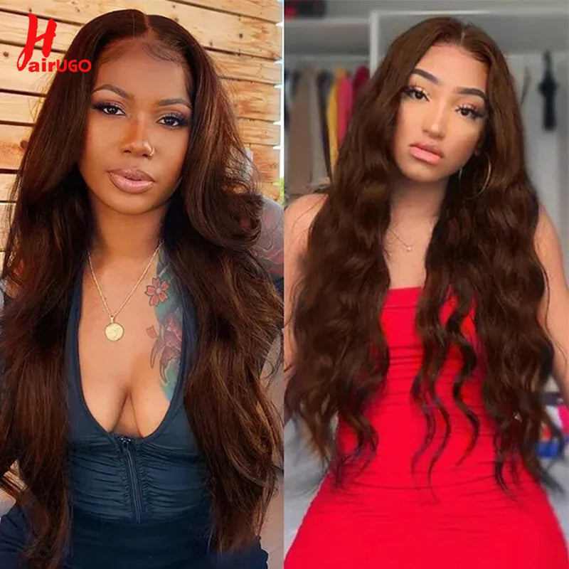 HairUGo 4# Brown Body Wave Lace Closure Human Hair Wigs T Lace Part Wigs Peruvian Hair Chocolate 4x4 Lace Closure Wigs For Women