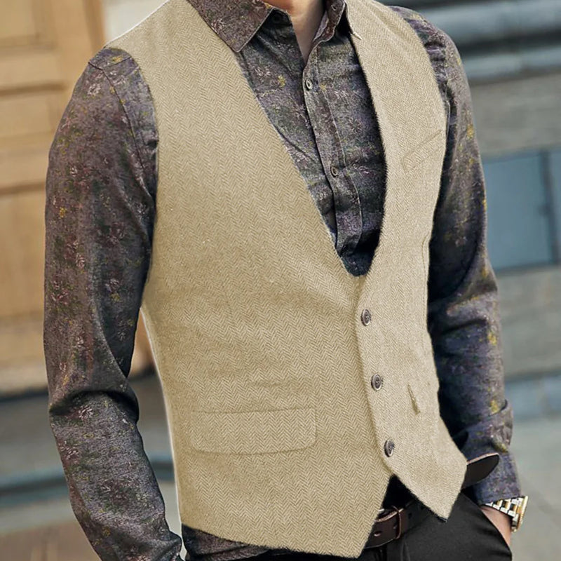 Slim Mens Vest Tweed Waistcoat Vest Vintage Herringbone V-neck Casual Wool Groomsmen Suits Vest For Wedding XS-5XL