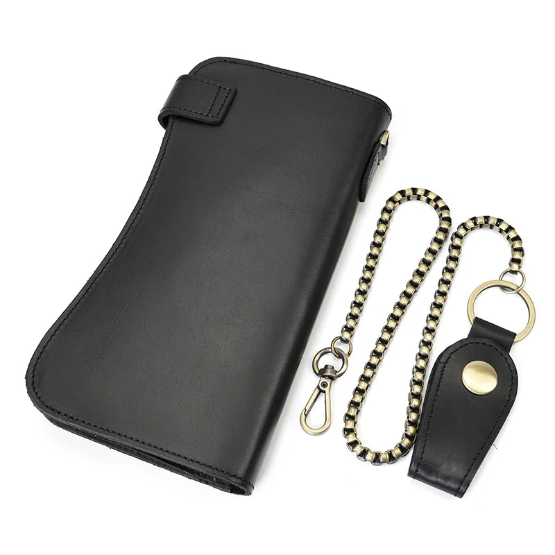 Men's Vintage Crazy Horse Leather Chain Wallet Genuine Leather Bifold Long Wallet Snap Card Holder Purse Zipper Coin Rfid Pocket
