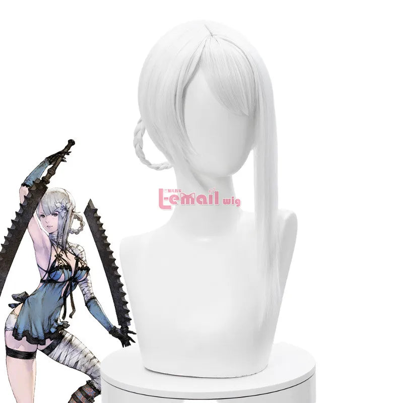 L-email wig NieR Kaine Cosplay Wig NieR RepliCant Cosplay Sliver White Braided Wigs with Bangs Synthetic Hair Heat Resistant