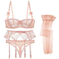 CYHWR Luxury Half Cup Lace Transparent Sexy Lingerie Ultra-thin Solid Shell Style 4 Pieces/Lots Bra Set and Garter and Stocking