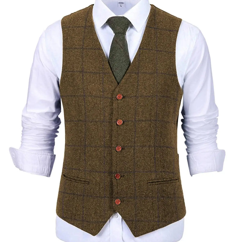 Men's Army Green Vest Plaid Soft Wool Brown Jacket Casual Gentleman Tweed Business Waistcoat For Groosmen Best Man For Wedding