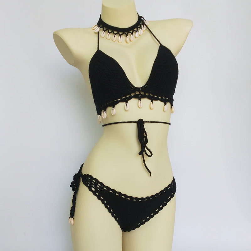 Bikini Set Woman Crochet Shell Tassel Top And Seashell | SAMAG