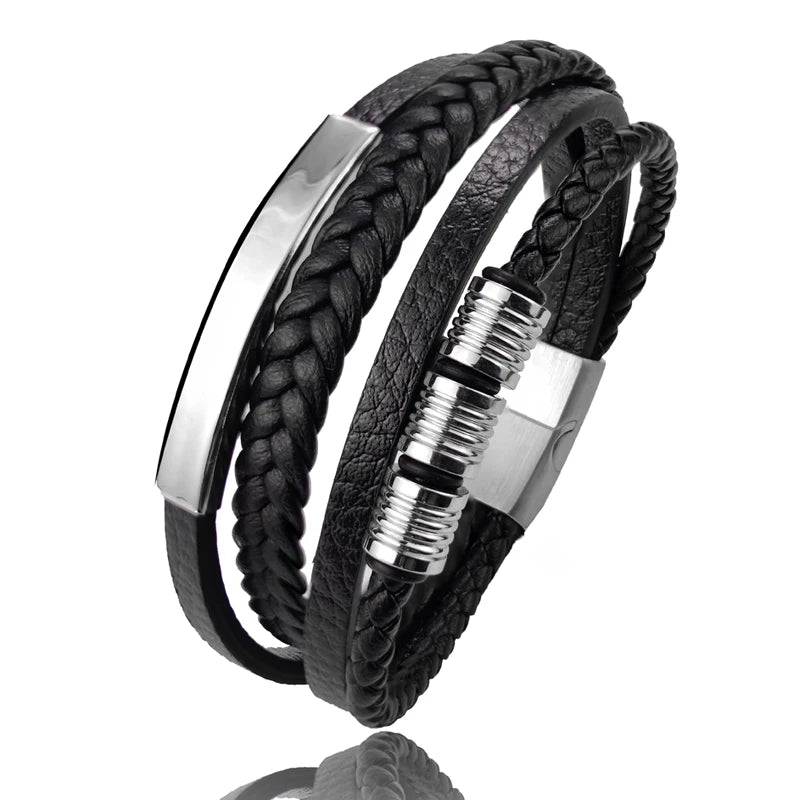 New Hot Sale Multi-Layer Stainless Steel Genuine Leather Bracelet For Mens Magnetic Clasp Bangles Office Accessories Jewelry