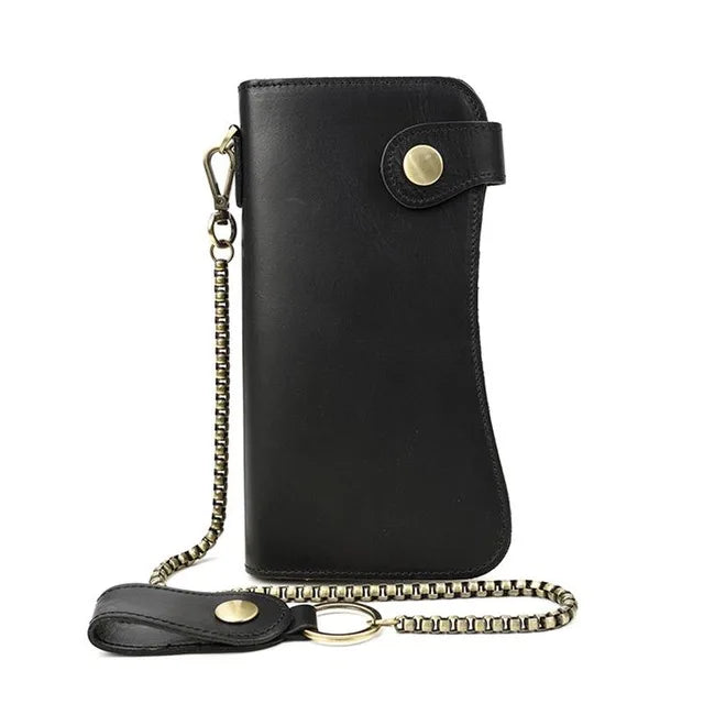 Men's Vintage Crazy Horse Leather Chain Wallet Genuine Leather Bifold Long Wallet Snap Card Holder Purse Zipper Coin Rfid Pocket