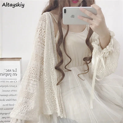 Women Cardigan Loose Lace Hollow Out Long Lantern Sleeve | SAMAG