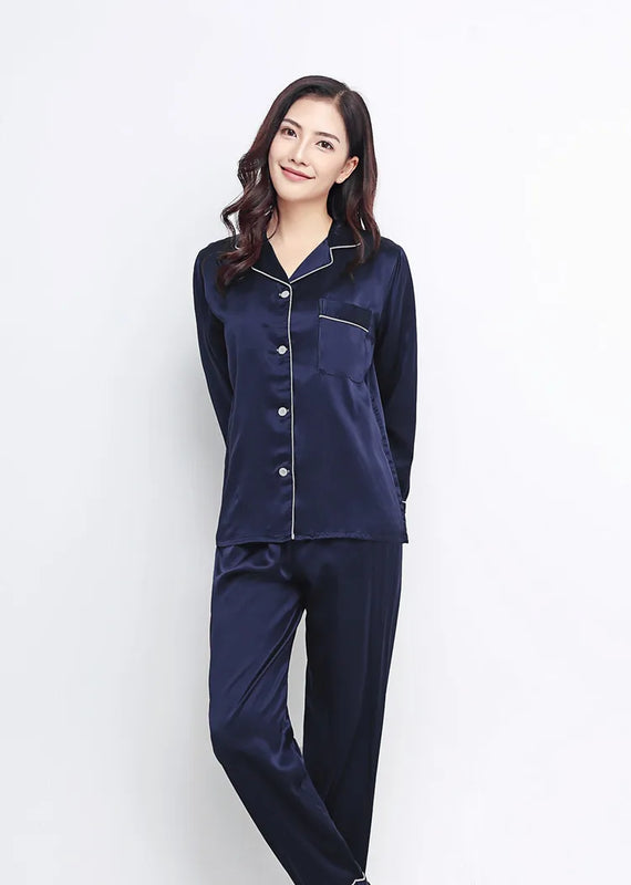 100% Mulberry Silk 22 momme 30 momme thick Women Classical Pajama Set Top and Bottom Set Sleepwear Nightgown S M L XL 2XL LS101