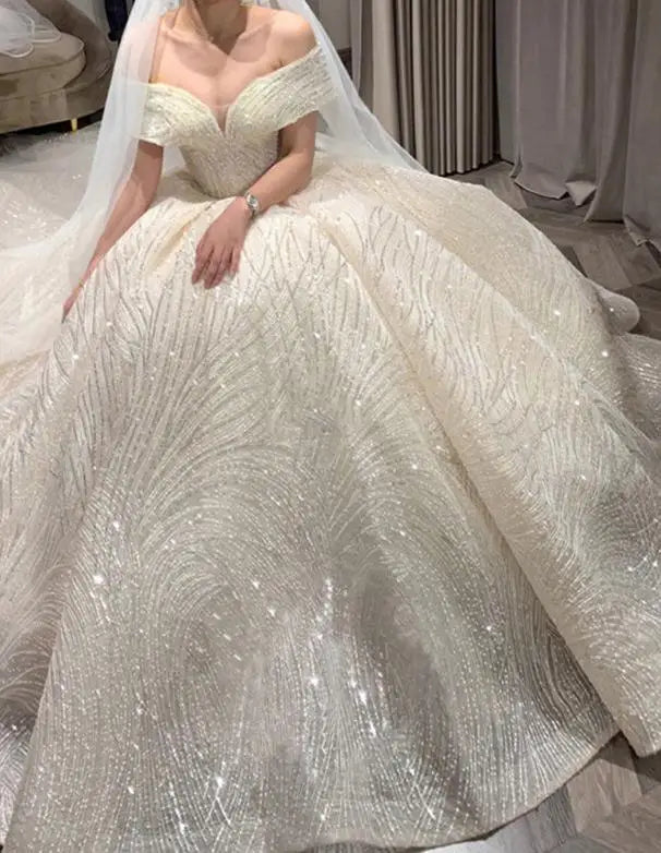 Wedding Dress Shiny Classic Boat Neck Bridal Party Gown - View 8 | SAMAG