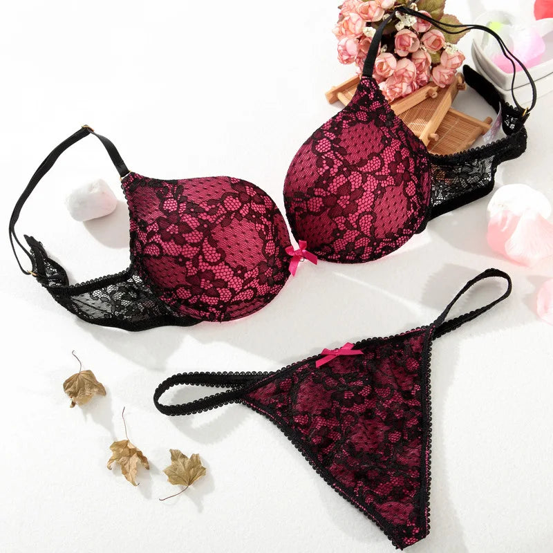 Cotton Deep V Lace Surface Push Up Sexy Bra Panty Sets Matching Bow G-string Comfortable Underwear Women Lingerie Set Intimates