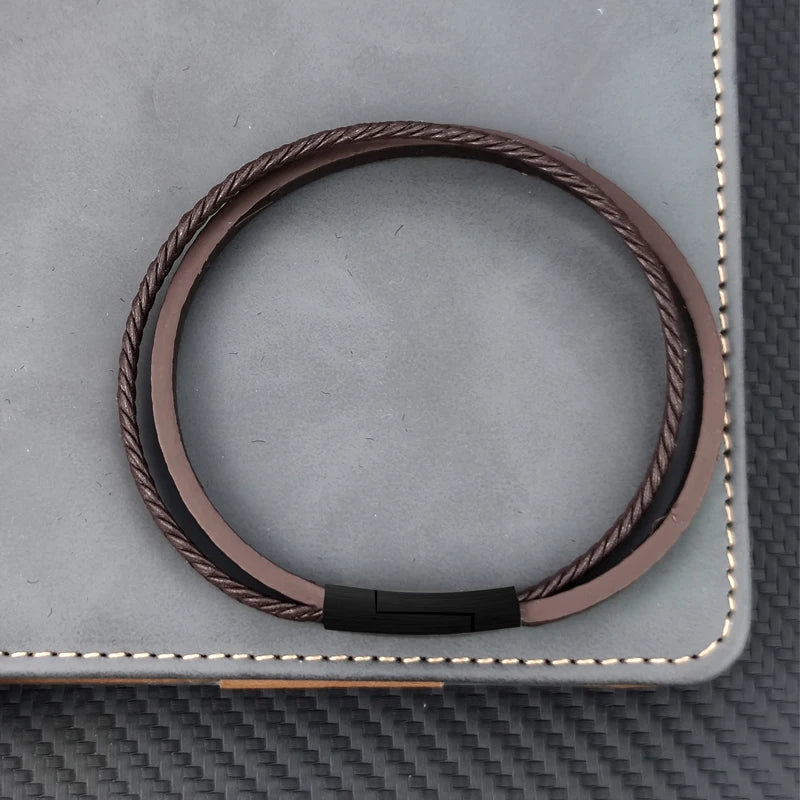 MingAo Designer Charm New Simple Brown Leather Bracelet for Men Stainless Steel Magnetic Clasp Fashion Men Jewelry Bangles Gift
