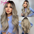 TINY LANA Natural Black Long Wavy Synthetic Wig with Bangs for Women Body Wave Dark Brown Wigs Cosplay Daily Hair Heat Resistant