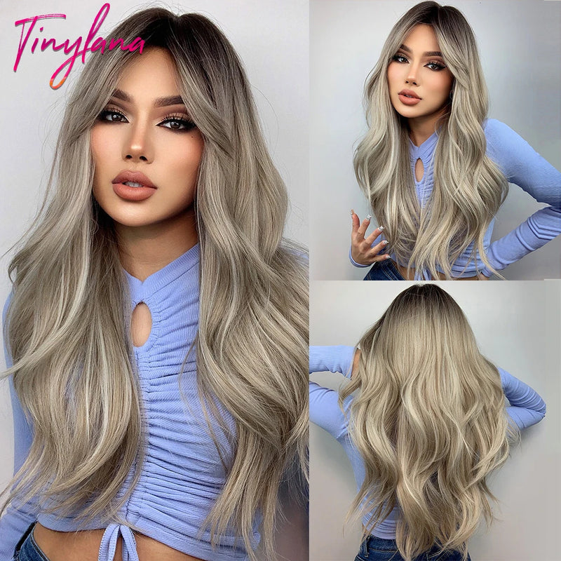 TINY LANA Natural Black Long Wavy Synthetic Wig with Bangs for Women Body Wave Dark Brown Wigs Cosplay Daily Hair Heat Resistant
