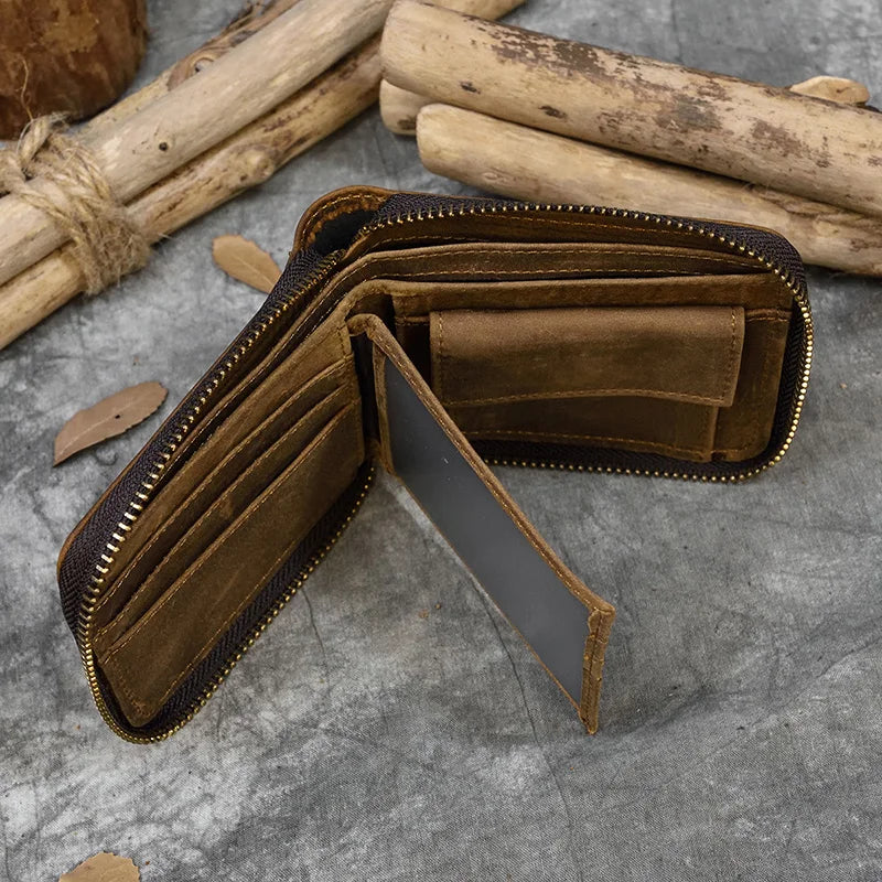 Men Crazy horse Genuine Leather Coin Wallet Real Leather Snap Short Purse Women Coin Pocket Zip Around Small Trifold Pocket