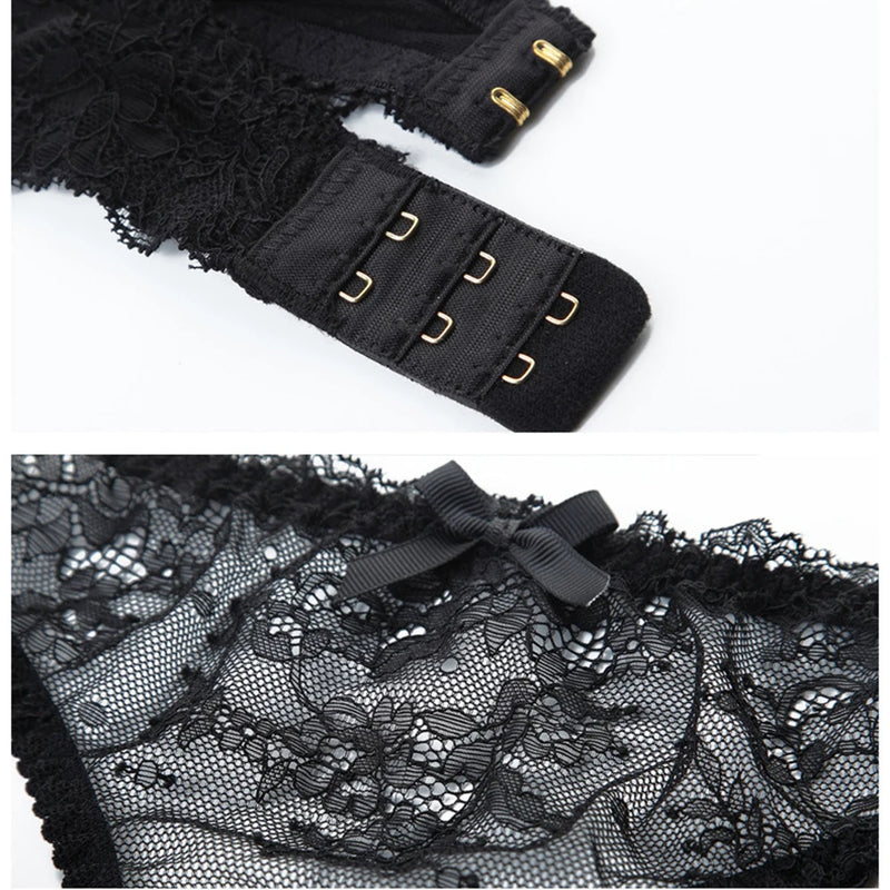 CYHWR Luxury Half Cup Lace Transparent Sexy Lingerie Ultra-thin Solid Shell Style 4 Pieces/Lots Bra Set and Garter and Stocking