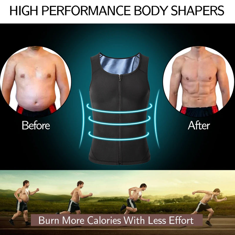 Men Sauna Sweat Vest Waist Trainer Corset Zipper Workout Tank Top Slimming Body Shaper Compression Shirt Weight Loss Fat Burner
