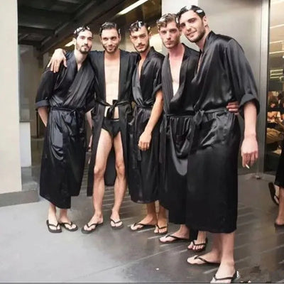 Chinese Men's Navy Blue Satin Robe With Belt Kimono | SAMAG