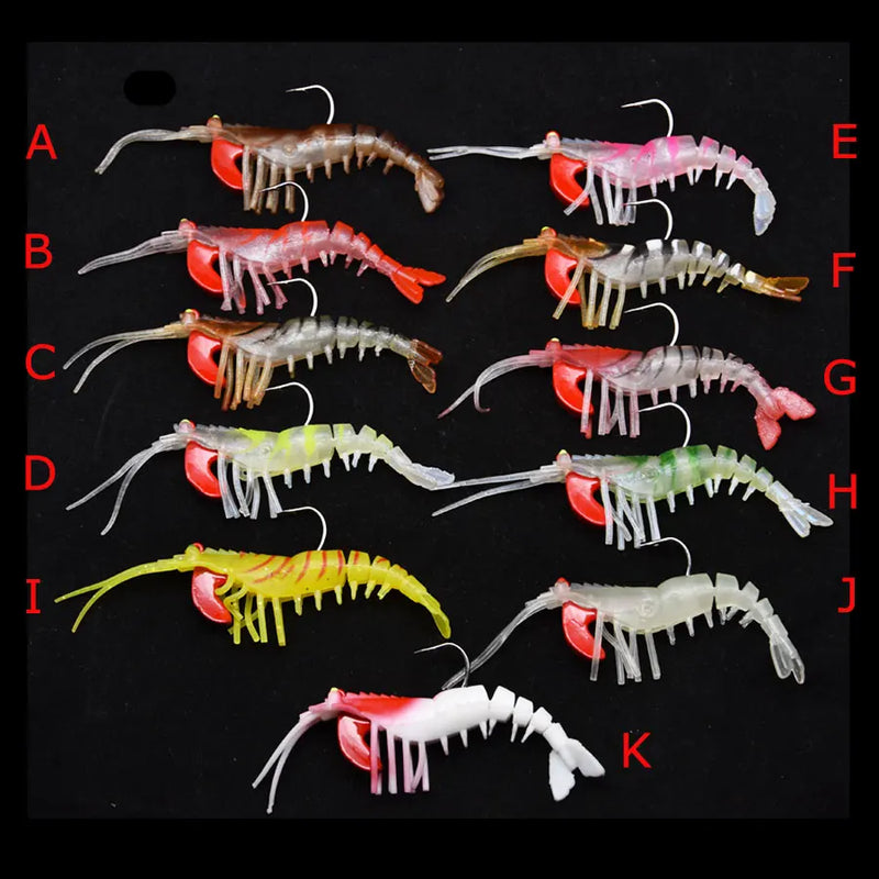 6pcs 12g 18g fishing shrimp prawn lure baits, river prawn fishing craws saltwater bream lures with luminous eyes