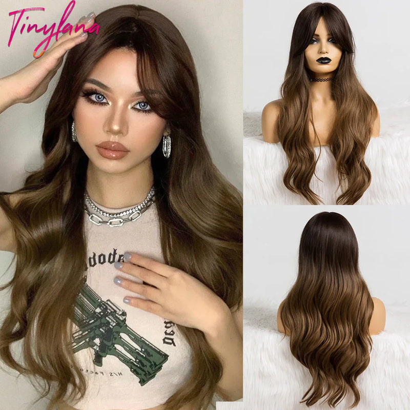 TINY LANA Natural Black Long Wavy Synthetic Wig with Bangs for Women Body Wave Dark Brown Wigs Cosplay Daily Hair Heat Resistant