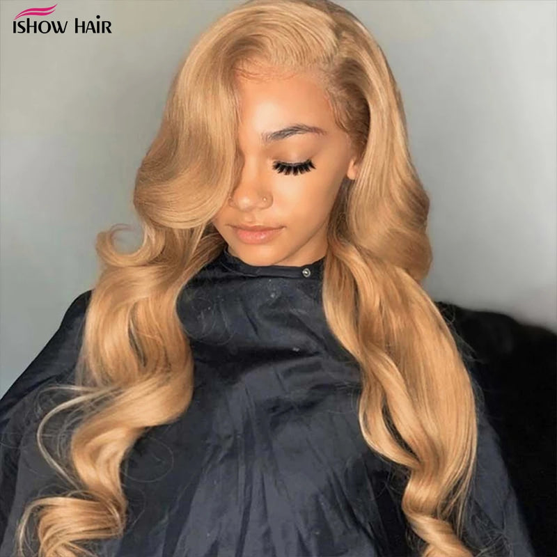 Honey Blonde Body Wave Lace Frontal Wig 27# Colored Pre Plucked 100% Human Hair Wigs Transparent Lace Closure Wig Human Hair