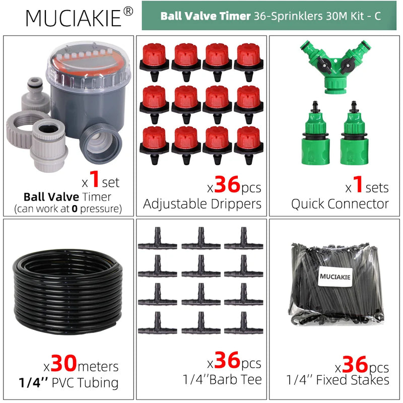MUCIAKIE 5-50 Meters Ball Valve Timer Garden Watering System Irrigation Drip Kits Automatic Spray for Plants Adjustable Nozzles