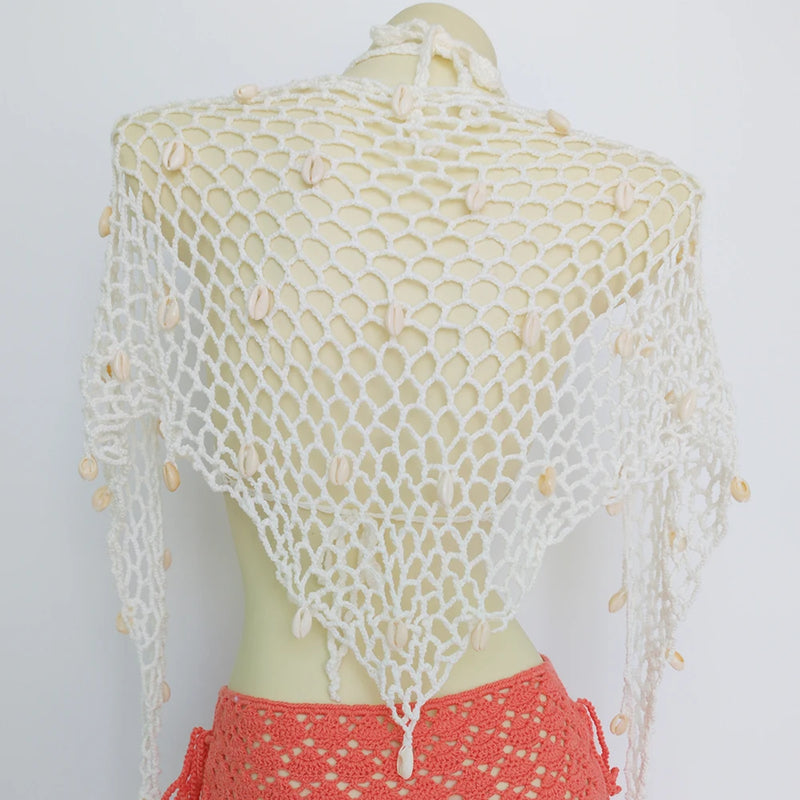 Women Triangle Shawl With Seashell Sexy Bikini Cover Up Sunscreen Nets Skirt Mesh Tunic Pareo Beachwear