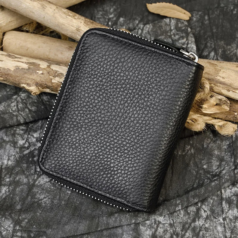 Men Crazy horse Genuine Leather Coin Wallet Real Leather Snap Short Purse Women Coin Pocket Zip Around Small Trifold Pocket