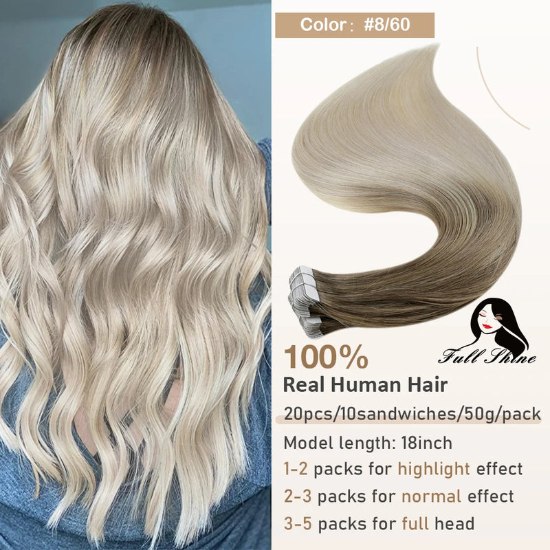 Full Shine Tape In Hair Extensions Human Hair 100% Remy Natural Human Hair Seamless Skin Weft Seamless Color Glue For Women
