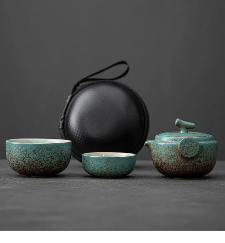 Ceramic Gongfu Travel Tea Set, Gorgeous Chinese Teapot Set with 2 Tea Cups, Portable Carrying Case