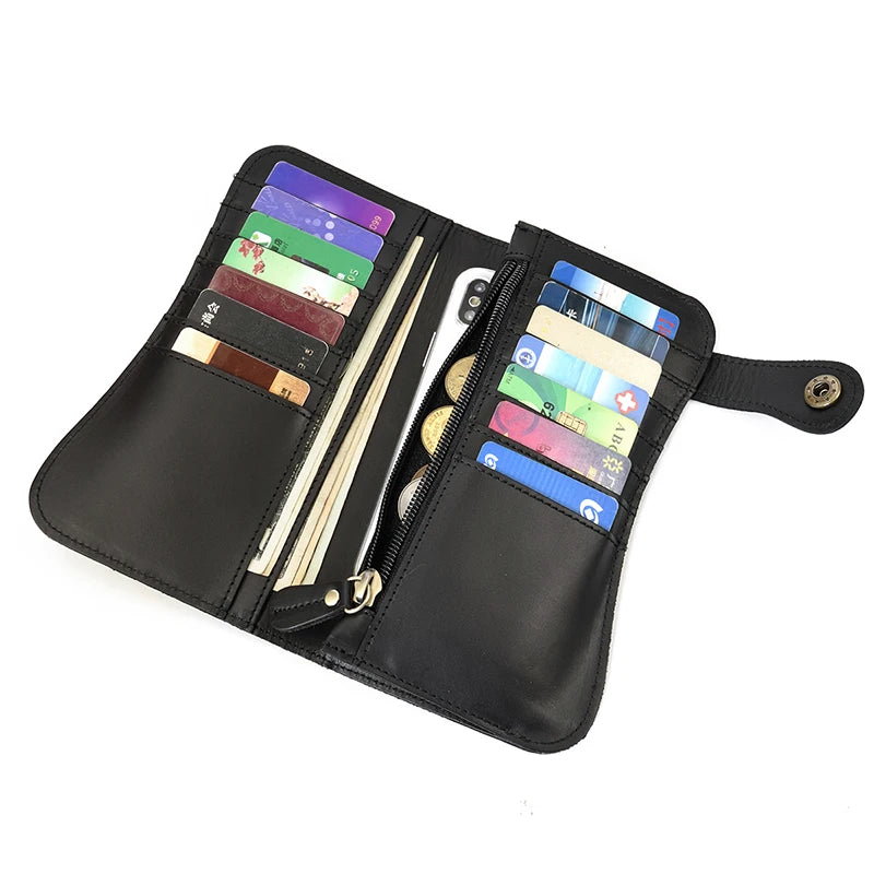 Men's Vintage Crazy Horse Leather Chain Wallet Genuine Leather Bifold Long Wallet Snap Card Holder Purse Zipper Coin Rfid Pocket