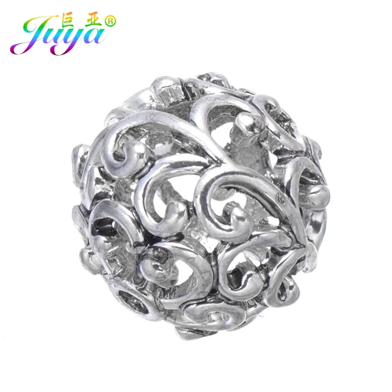 Juya 10 20Pcs/Lot 12mm Engrave Perles Hollow Antique Gold Silver Plated Metal Beads For DIY Women Men Beadwork Jewelry Making