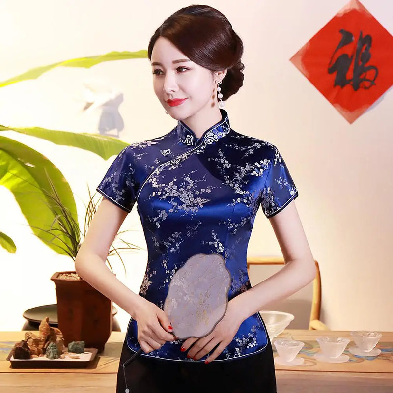 Vintage Flower Women Chinese Traditional Satin Blouse Summer Sexy Shirt Novelty Dragon Clothing Tops Plus Size 3XL 4XL WS009