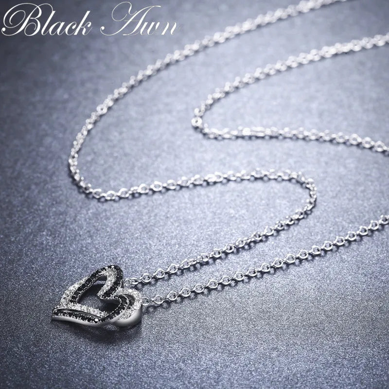 Black Awn Silver Color Necklace Women Jewelry Heart Black&White Stone Pendants P107