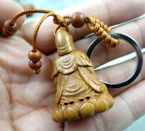 Natural wood mahogany three-dimensional engraving Guanyin barrel keychain Buddha key ring jewelry gift for men and women 1pc