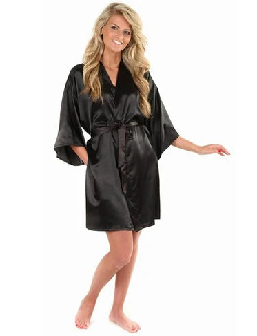 New Black Chinese Women's Faux Silk Robe Bath Gown Kimono | SAMAG