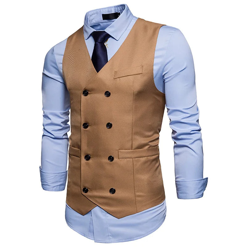 New Brand Dress Vests For Men Casual Slim Fit Mens Suit Vest Double breasted Waistcoat Gilet Homme Formal Business Jacket XXL