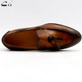cie Round Toe Pure Genuine Leather Bespoke Blake Stitch Handmade Patina Brown Tassels Slip-on Men's Shoe Casual Boat loafer 159