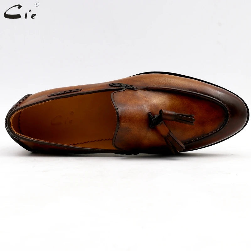 cie Round Toe Pure Genuine Leather Bespoke Blake Stitch Handmade Patina Brown Tassels Slip-on Men's Shoe Casual Boat loafer 159