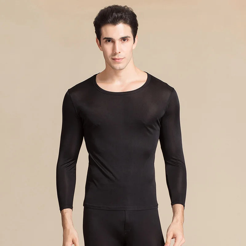 SuyaDream Men Long Johns Natural Silk Round neck Thermal Underwear For Men Fall Winter Underwear Set