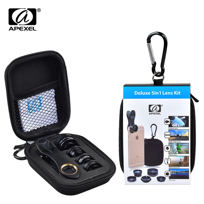 Apexel 5 in 1 HD Camera Lens Kit Fisheye Lens+0.63x Wide Angle+15x Macro Lens+2X Telephoto Lens+CPL Lens for iPhone Samsung DG5