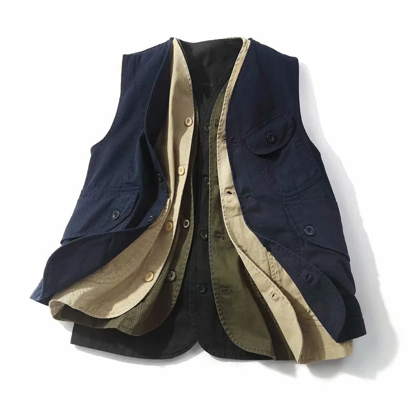 Men Vests Men's Summer Sleeveless Multi-pocket Vest Vintage Casual Wear Cotton Short Vest Safari Style Vest Coat Waistcoat Male