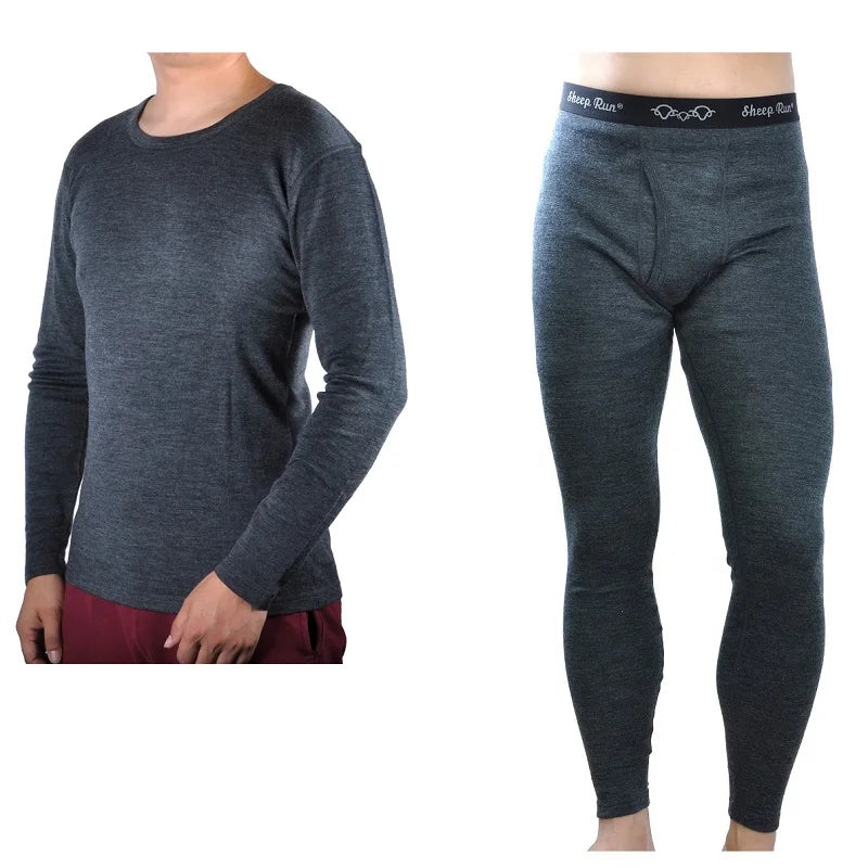 Men's male 100% Pure Merino Wool Winter Base Layer Thermal Warm Sweater Underwear Breathable Mid weight Tops Pants Bottom Set