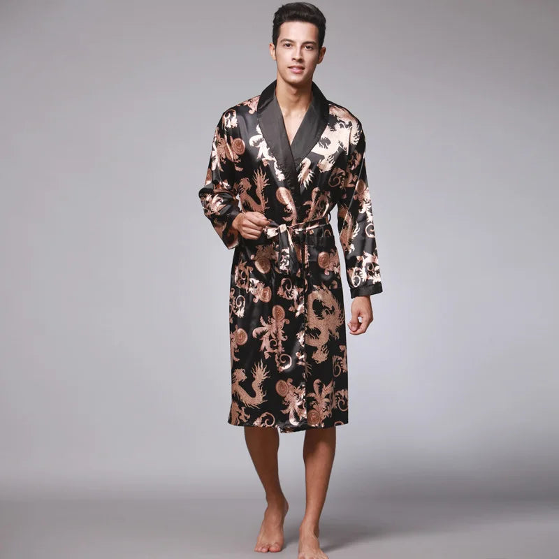 SSH0127 Spring Autumn Men's Bathrobes Printed Male Pajamas Full Sleeves Nightwear Sleepwear Satin Silk Robe Pyjama Belt Men Robe