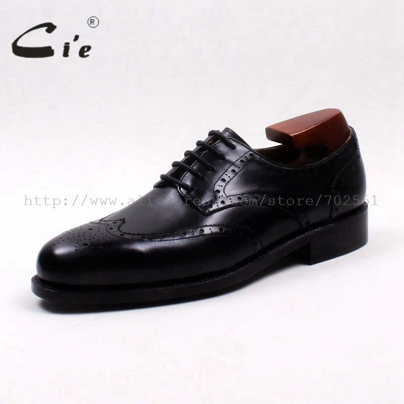 cie Round Toe Full Brogues Cut-Outs Solid Black Handmade Derby Men's Leather Shoe 100% Genuine Calf Leather Goodyear Welted D175